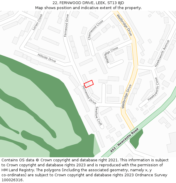 22, FERNWOOD DRIVE, LEEK, ST13 8JD: Location map and indicative extent of plot