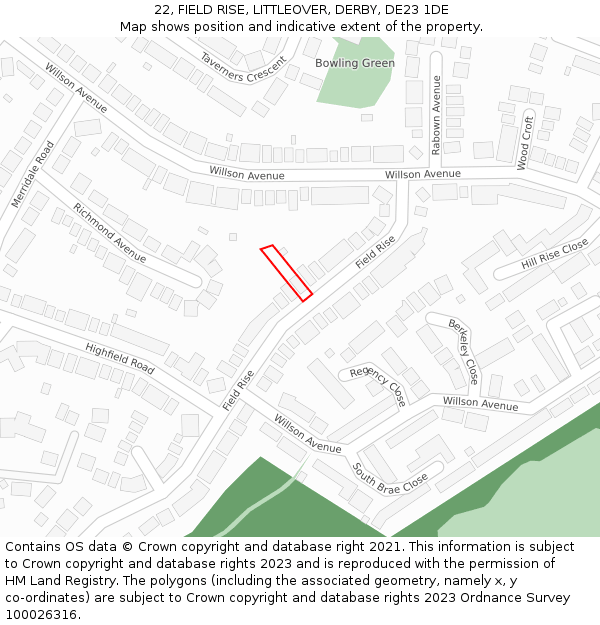 22, FIELD RISE, LITTLEOVER, DERBY, DE23 1DE: Location map and indicative extent of plot