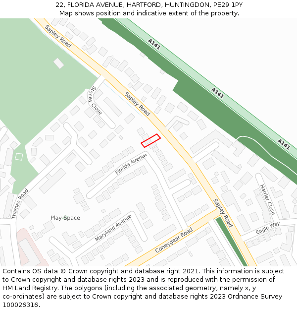 22, FLORIDA AVENUE, HARTFORD, HUNTINGDON, PE29 1PY: Location map and indicative extent of plot