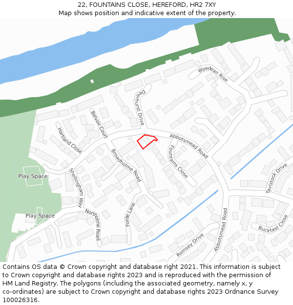 22, FOUNTAINS CLOSE, HEREFORD, HR2 7XY: Location map and indicative extent of plot