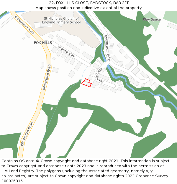 22, FOXHILLS CLOSE, RADSTOCK, BA3 3FT: Location map and indicative extent of plot
