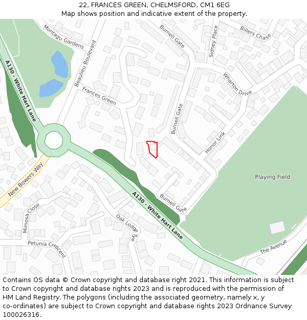 22, FRANCES GREEN, CHELMSFORD, CM1 6EG: Location map and indicative extent of plot