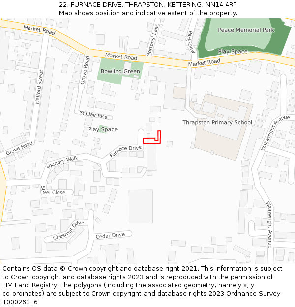 22, FURNACE DRIVE, THRAPSTON, KETTERING, NN14 4RP: Location map and indicative extent of plot