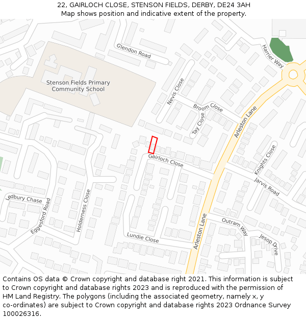 22, GAIRLOCH CLOSE, STENSON FIELDS, DERBY, DE24 3AH: Location map and indicative extent of plot