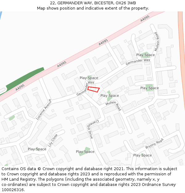 22, GERMANDER WAY, BICESTER, OX26 3WB: Location map and indicative extent of plot
