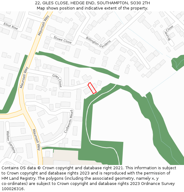 22, GILES CLOSE, HEDGE END, SOUTHAMPTON, SO30 2TH: Location map and indicative extent of plot