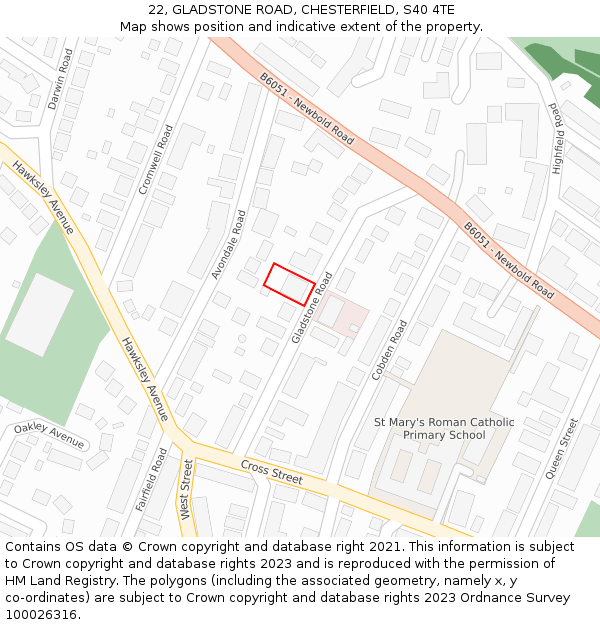 22, GLADSTONE ROAD, CHESTERFIELD, S40 4TE: Location map and indicative extent of plot