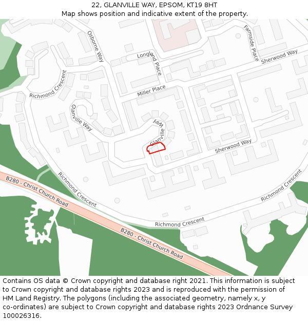22, GLANVILLE WAY, EPSOM, KT19 8HT: Location map and indicative extent of plot