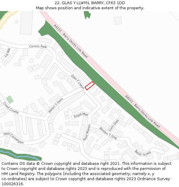 22, GLAS Y LLWYN, BARRY, CF63 1DD: Location map and indicative extent of plot