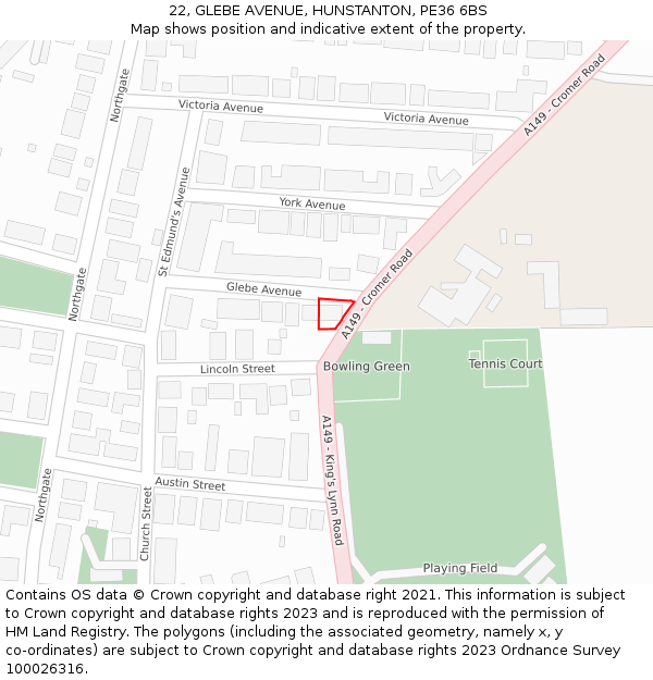 22, GLEBE AVENUE, HUNSTANTON, PE36 6BS: Location map and indicative extent of plot
