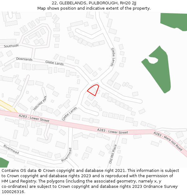 22, GLEBELANDS, PULBOROUGH, RH20 2JJ: Location map and indicative extent of plot