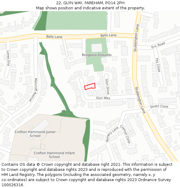 22, GLYN WAY, FAREHAM, PO14 2PH: Location map and indicative extent of plot