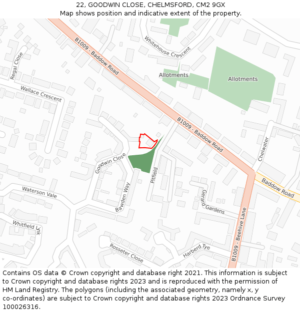 22, GOODWIN CLOSE, CHELMSFORD, CM2 9GX: Location map and indicative extent of plot