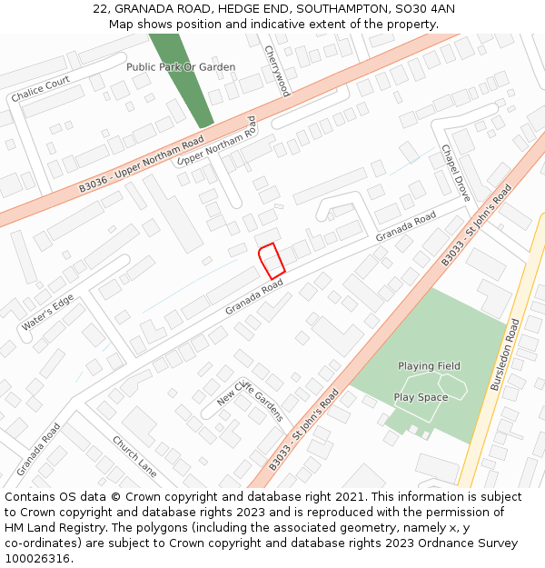 22, GRANADA ROAD, HEDGE END, SOUTHAMPTON, SO30 4AN: Location map and indicative extent of plot