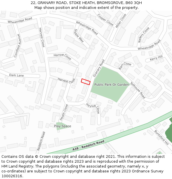22, GRANARY ROAD, STOKE HEATH, BROMSGROVE, B60 3QH: Location map and indicative extent of plot