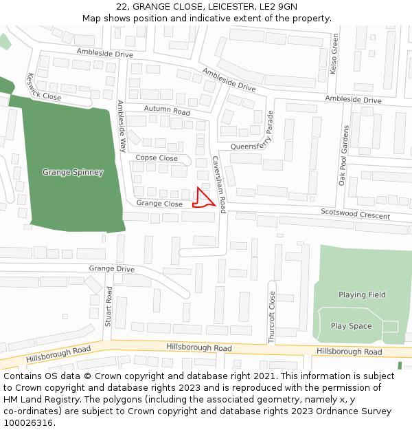 22, GRANGE CLOSE, LEICESTER, LE2 9GN: Location map and indicative extent of plot