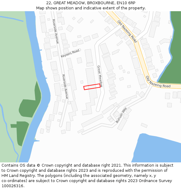 22, GREAT MEADOW, BROXBOURNE, EN10 6RP: Location map and indicative extent of plot