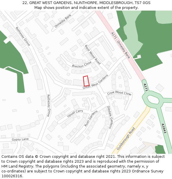 22, GREAT WEST GARDENS, NUNTHORPE, MIDDLESBROUGH, TS7 0GS: Location map and indicative extent of plot