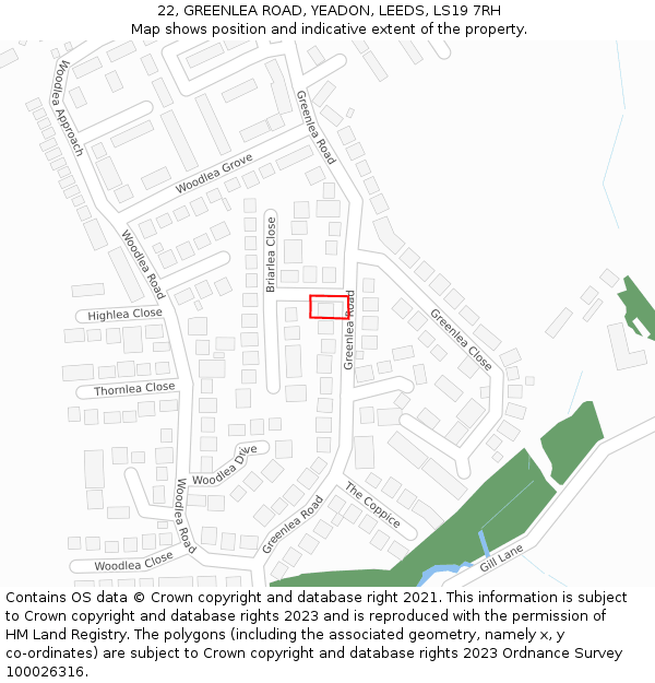 22, GREENLEA ROAD, YEADON, LEEDS, LS19 7RH: Location map and indicative extent of plot