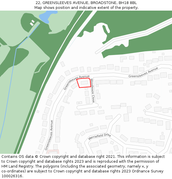 22, GREENSLEEVES AVENUE, BROADSTONE, BH18 8BL: Location map and indicative extent of plot