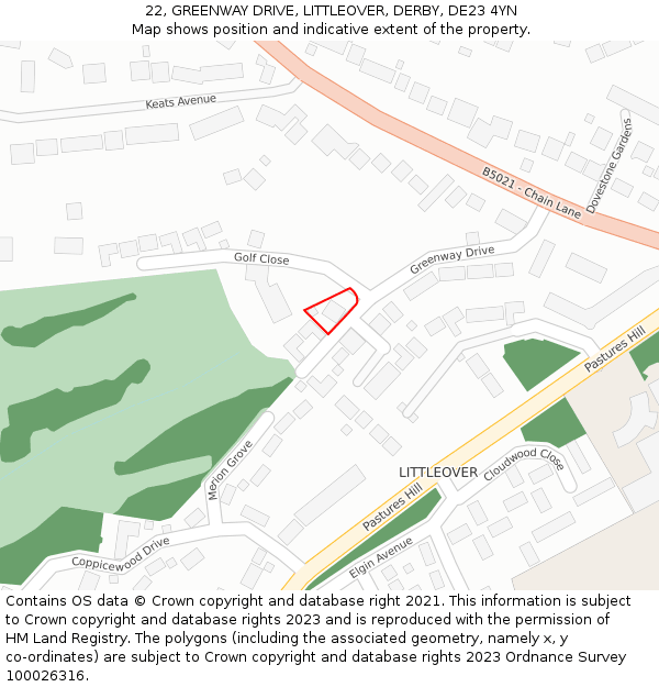 22, GREENWAY DRIVE, LITTLEOVER, DERBY, DE23 4YN: Location map and indicative extent of plot