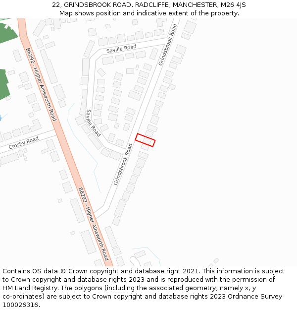 22, GRINDSBROOK ROAD, RADCLIFFE, MANCHESTER, M26 4JS: Location map and indicative extent of plot