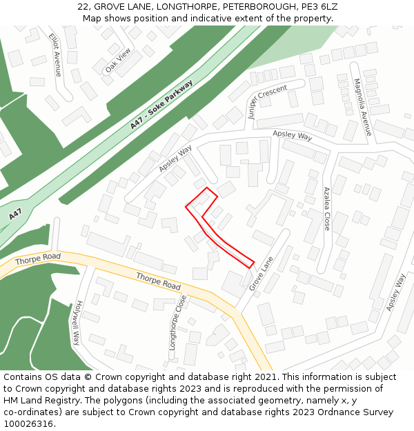 22, GROVE LANE, LONGTHORPE, PETERBOROUGH, PE3 6LZ: Location map and indicative extent of plot