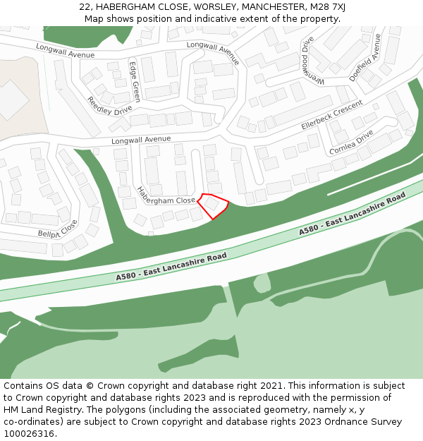 22, HABERGHAM CLOSE, WORSLEY, MANCHESTER, M28 7XJ: Location map and indicative extent of plot