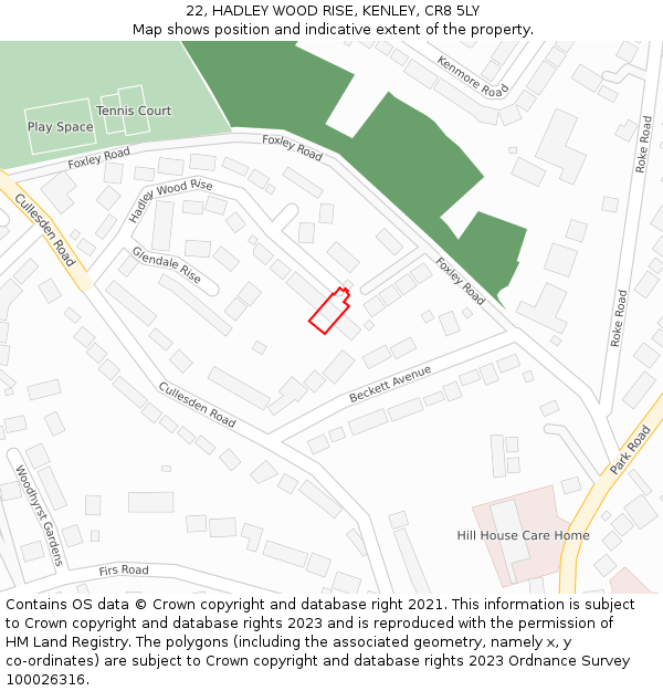 22, HADLEY WOOD RISE, KENLEY, CR8 5LY: Location map and indicative extent of plot