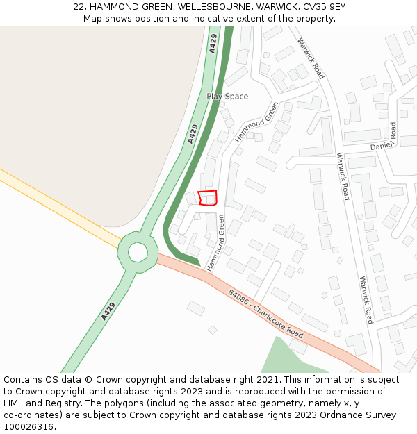 22, HAMMOND GREEN, WELLESBOURNE, WARWICK, CV35 9EY: Location map and indicative extent of plot