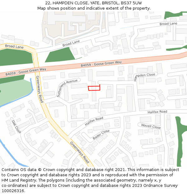 22, HAMPDEN CLOSE, YATE, BRISTOL, BS37 5UW: Location map and indicative extent of plot