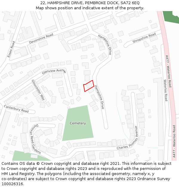 22, HAMPSHIRE DRIVE, PEMBROKE DOCK, SA72 6EQ: Location map and indicative extent of plot