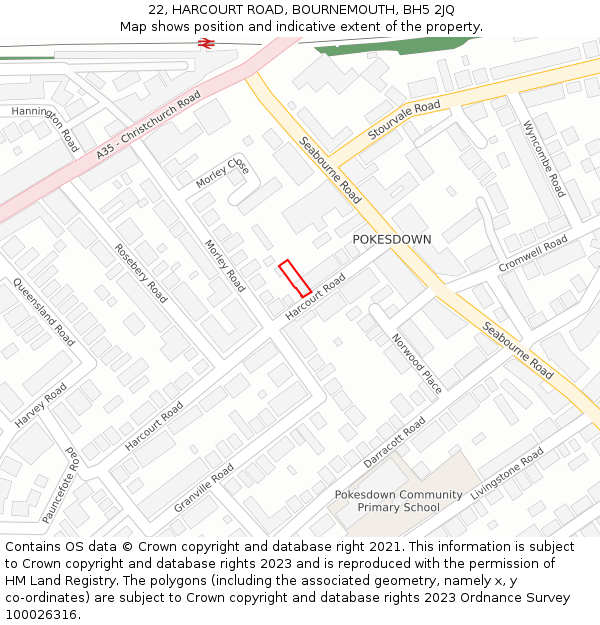 22, HARCOURT ROAD, BOURNEMOUTH, BH5 2JQ: Location map and indicative extent of plot