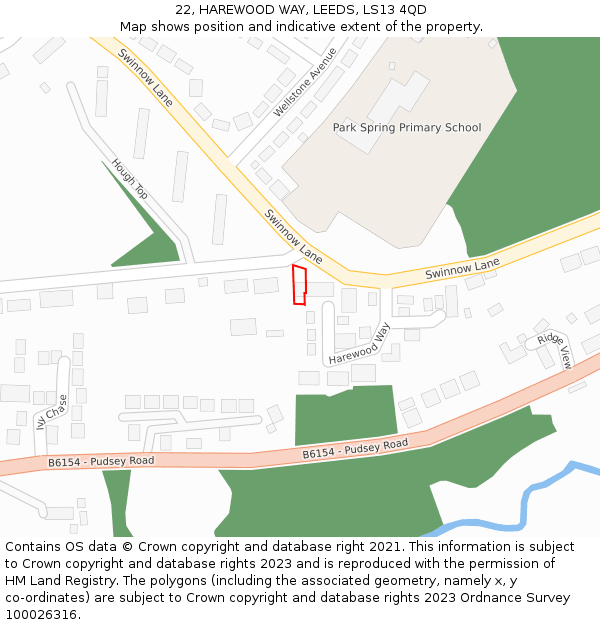 22, HAREWOOD WAY, LEEDS, LS13 4QD: Location map and indicative extent of plot