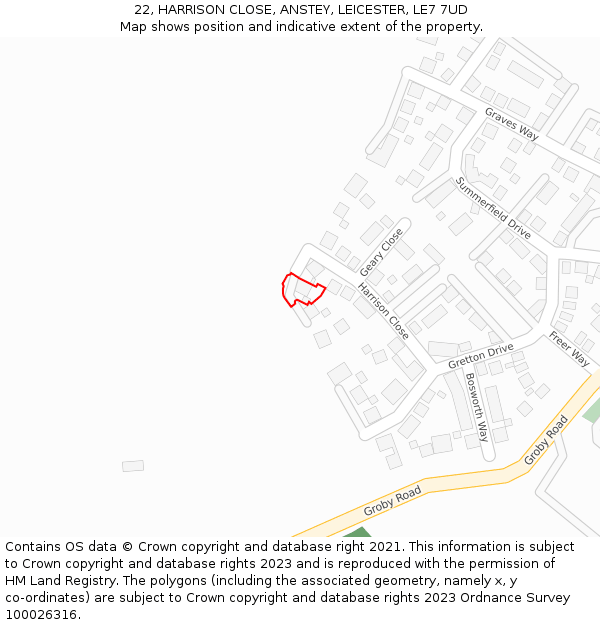 22, HARRISON CLOSE, ANSTEY, LEICESTER, LE7 7UD: Location map and indicative extent of plot