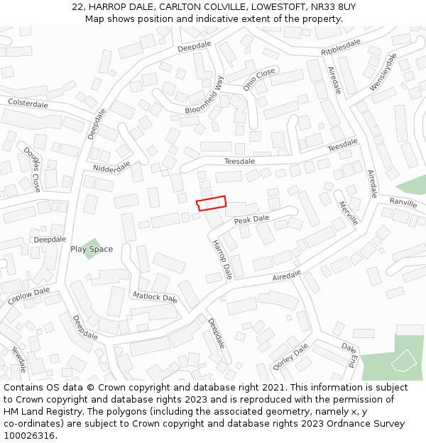 22, HARROP DALE, CARLTON COLVILLE, LOWESTOFT, NR33 8UY: Location map and indicative extent of plot