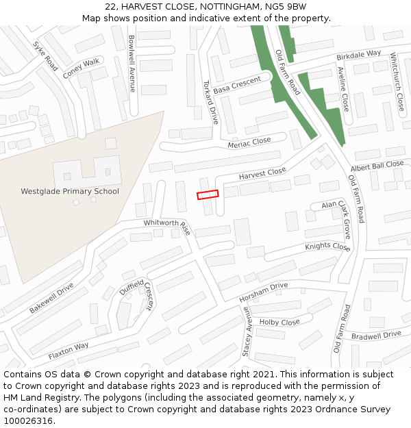 22, HARVEST CLOSE, NOTTINGHAM, NG5 9BW: Location map and indicative extent of plot