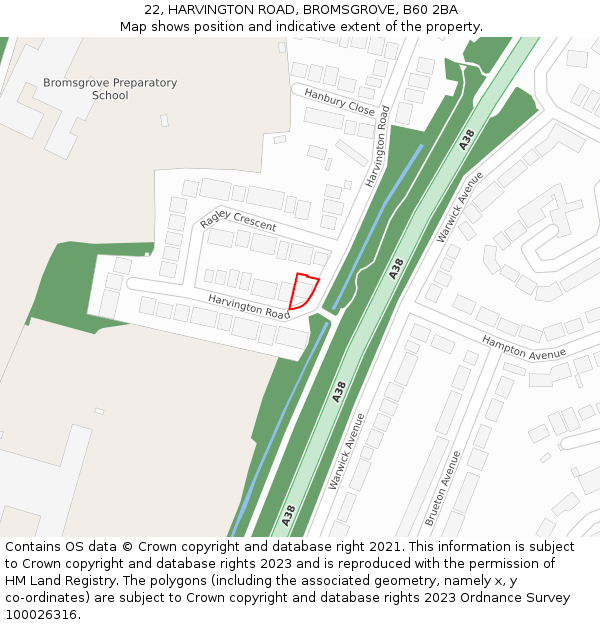 22, HARVINGTON ROAD, BROMSGROVE, B60 2BA: Location map and indicative extent of plot
