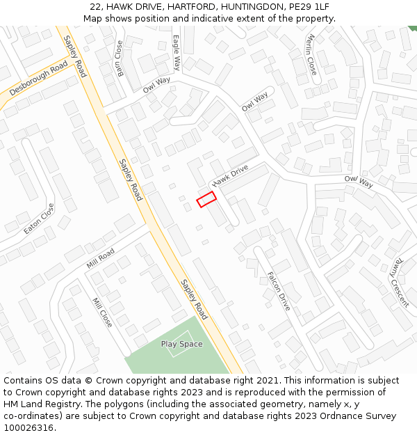22, HAWK DRIVE, HARTFORD, HUNTINGDON, PE29 1LF: Location map and indicative extent of plot
