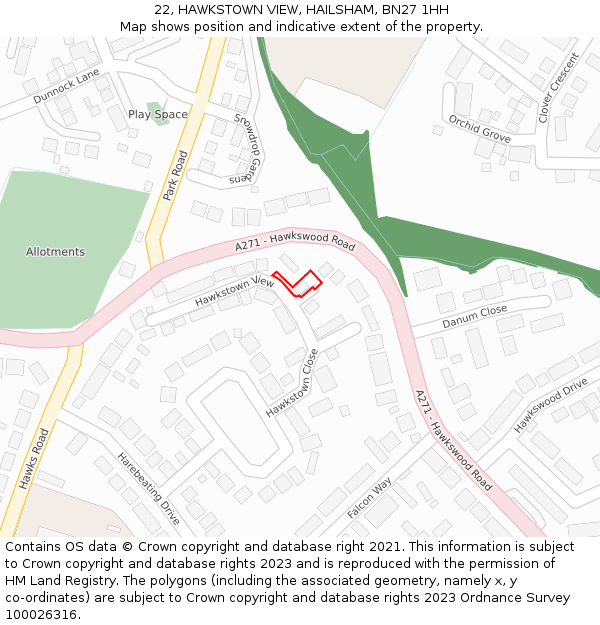 22, HAWKSTOWN VIEW, HAILSHAM, BN27 1HH: Location map and indicative extent of plot