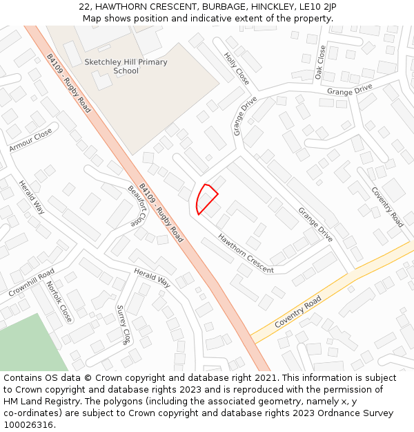 22, HAWTHORN CRESCENT, BURBAGE, HINCKLEY, LE10 2JP: Location map and indicative extent of plot