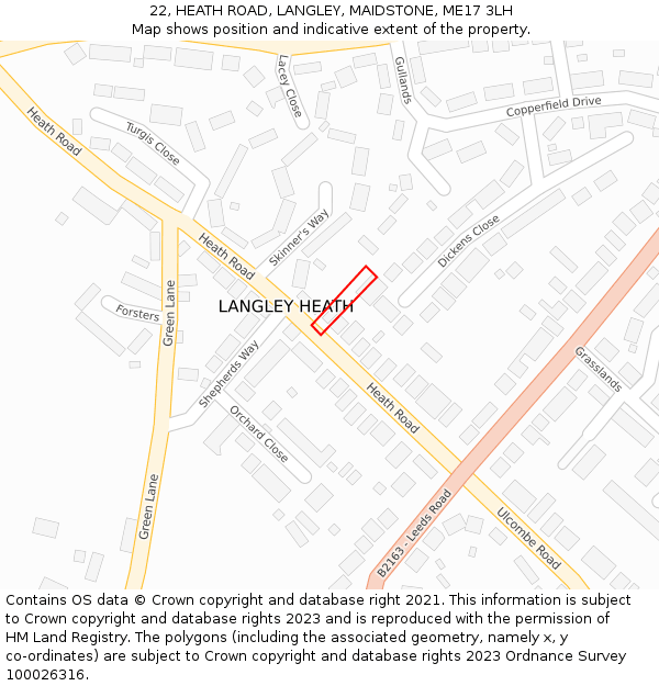 22, HEATH ROAD, LANGLEY, MAIDSTONE, ME17 3LH: Location map and indicative extent of plot