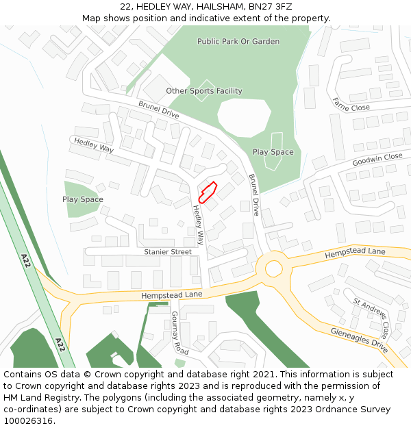 22, HEDLEY WAY, HAILSHAM, BN27 3FZ: Location map and indicative extent of plot