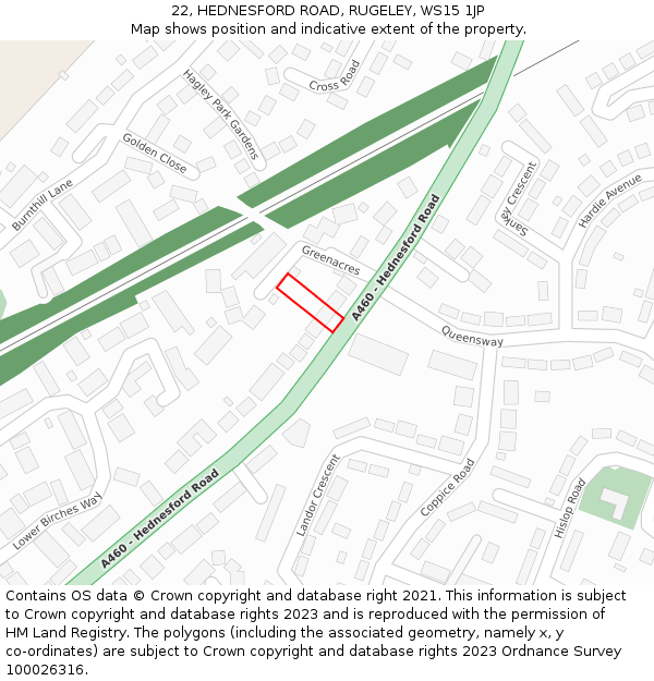 22, HEDNESFORD ROAD, RUGELEY, WS15 1JP: Location map and indicative extent of plot