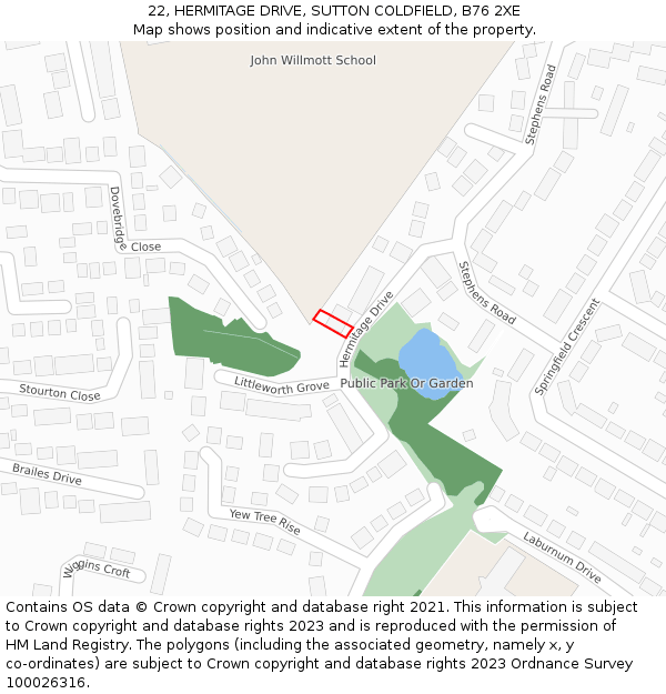 22, HERMITAGE DRIVE, SUTTON COLDFIELD, B76 2XE: Location map and indicative extent of plot