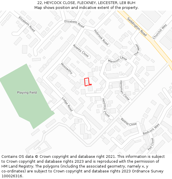 22, HEYCOCK CLOSE, FLECKNEY, LEICESTER, LE8 8UH: Location map and indicative extent of plot