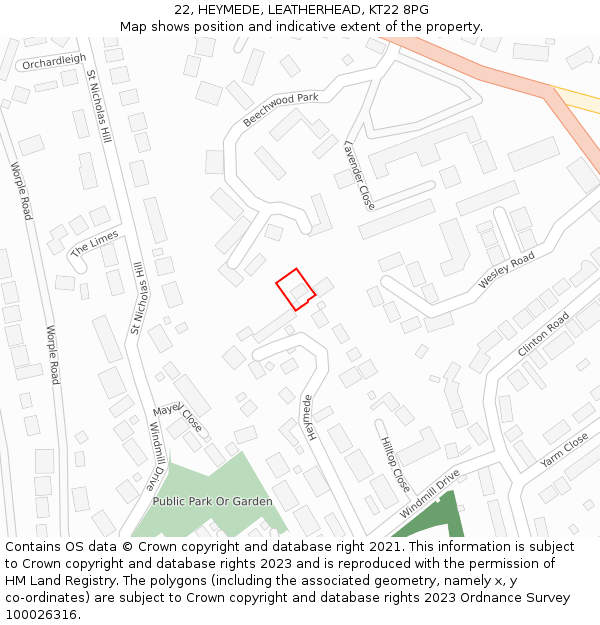 22, HEYMEDE, LEATHERHEAD, KT22 8PG: Location map and indicative extent of plot
