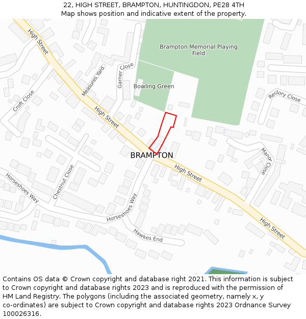 22, HIGH STREET, BRAMPTON, HUNTINGDON, PE28 4TH: Location map and indicative extent of plot