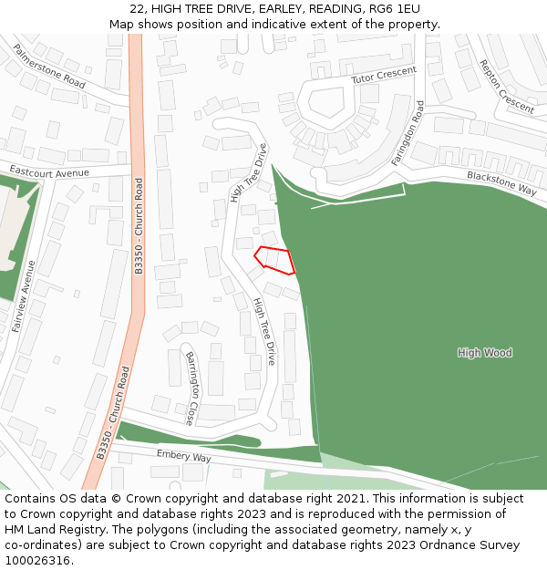 22, HIGH TREE DRIVE, EARLEY, READING, RG6 1EU: Location map and indicative extent of plot
