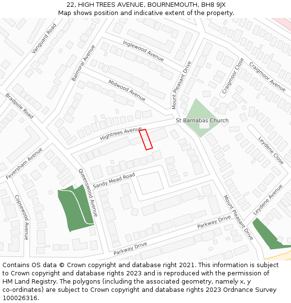 22, HIGH TREES AVENUE, BOURNEMOUTH, BH8 9JX: Location map and indicative extent of plot